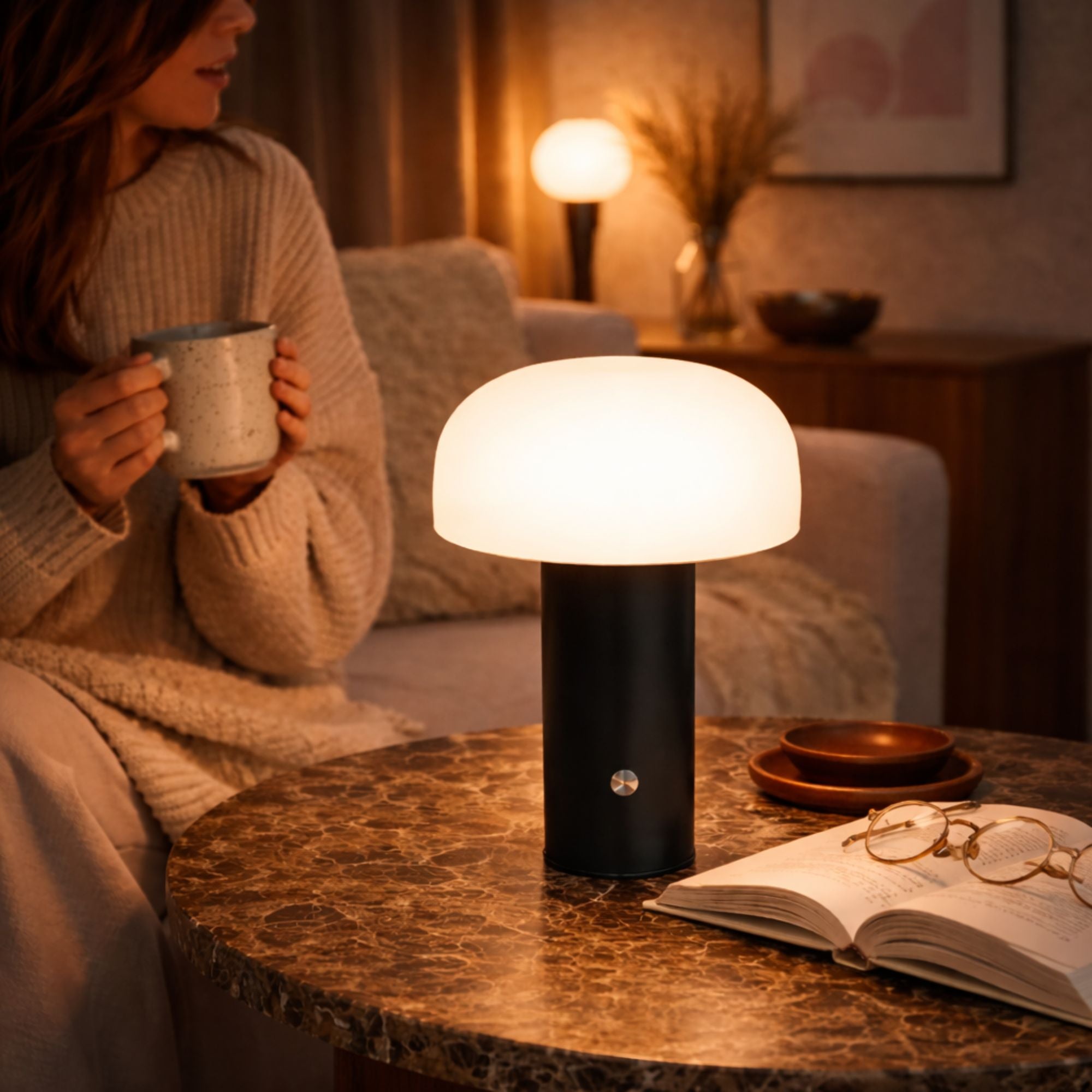 Portabel svamp bordslampa med varm mysbelysning i vardagsrum