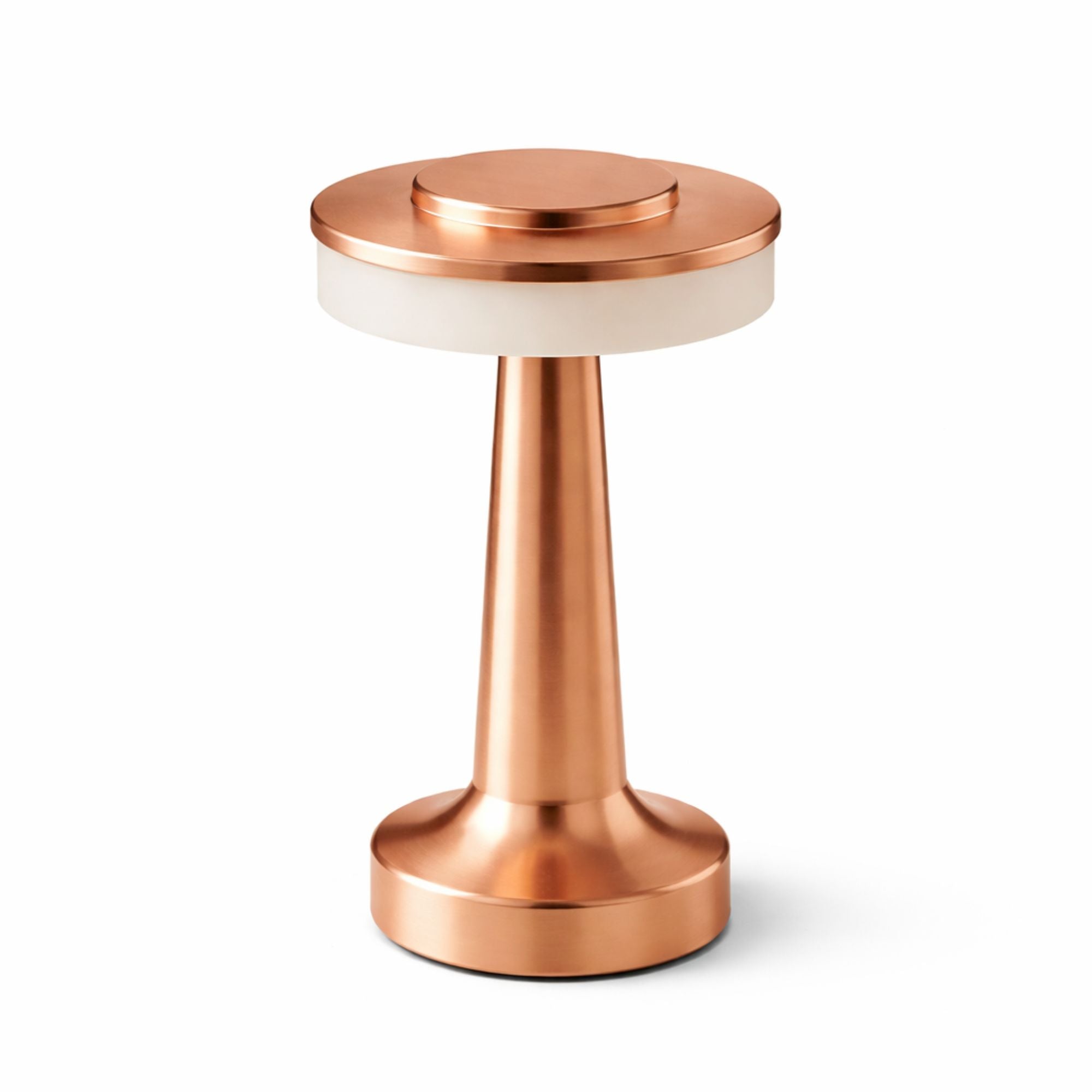 Portabel bordslampa i roséguld med uppladdningsbar LED, stilren design på vit bakgrund