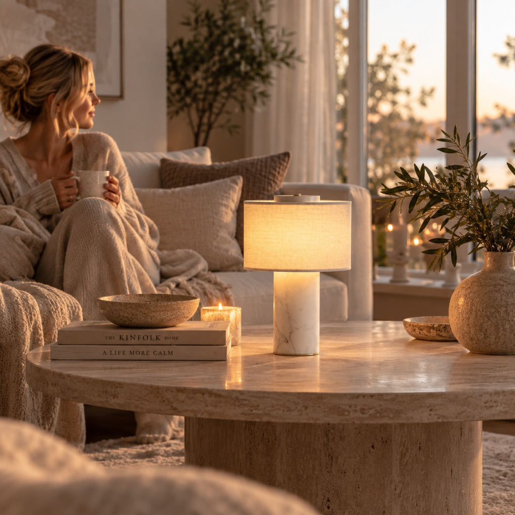 Portabel bordslampa i vit marmor på soffbord i vardagsrum