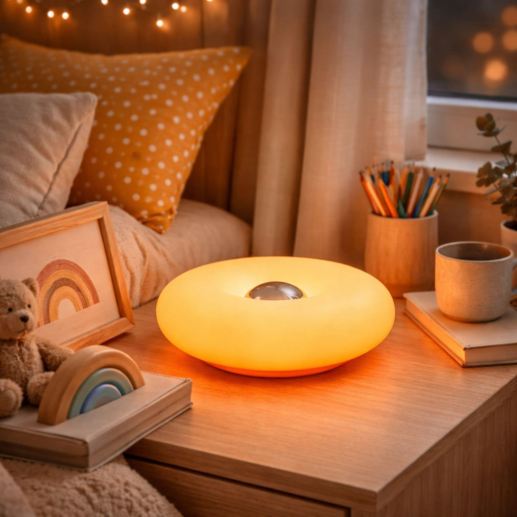 Uppladdningsbar portabel LED bordslampa i donut-design som nattlampa i barnrum med varm och mysig belysning
