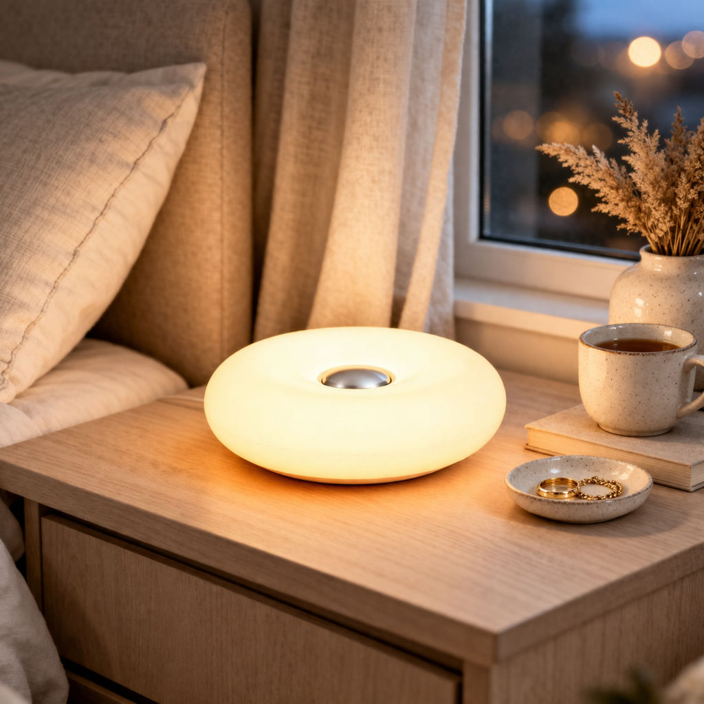 Uppladdningsbar portabel LED bordslampa i donut-design som nattlampa i sovrum med varm och mysig belysning