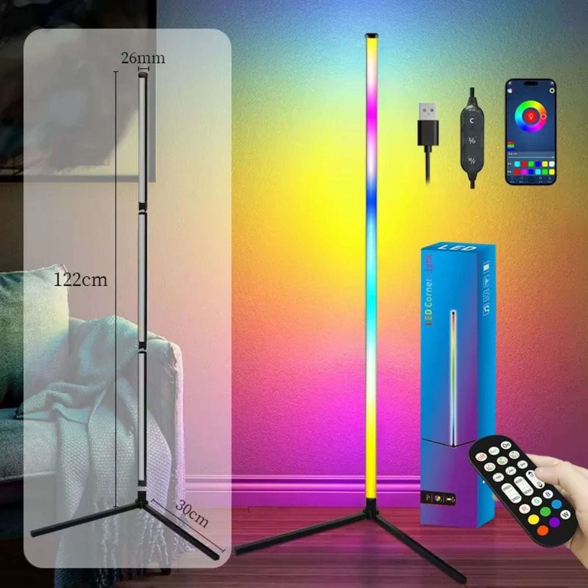 Modern LED hörnlampa placerad i hörn för indirekt väggbelysning app styrning