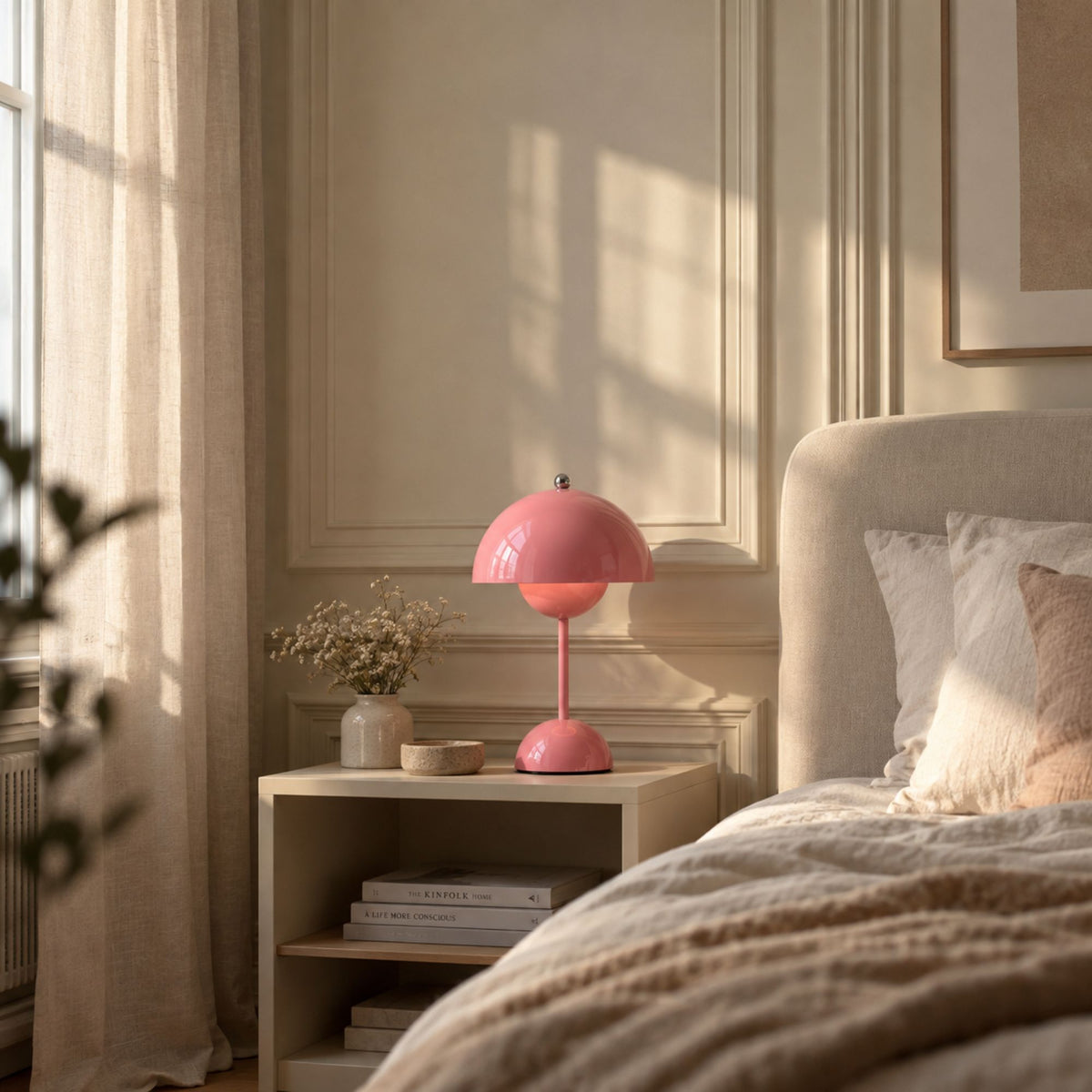 Rosa Flowerbud bordslampa i beige sovrum med säng och mjuka textilier
