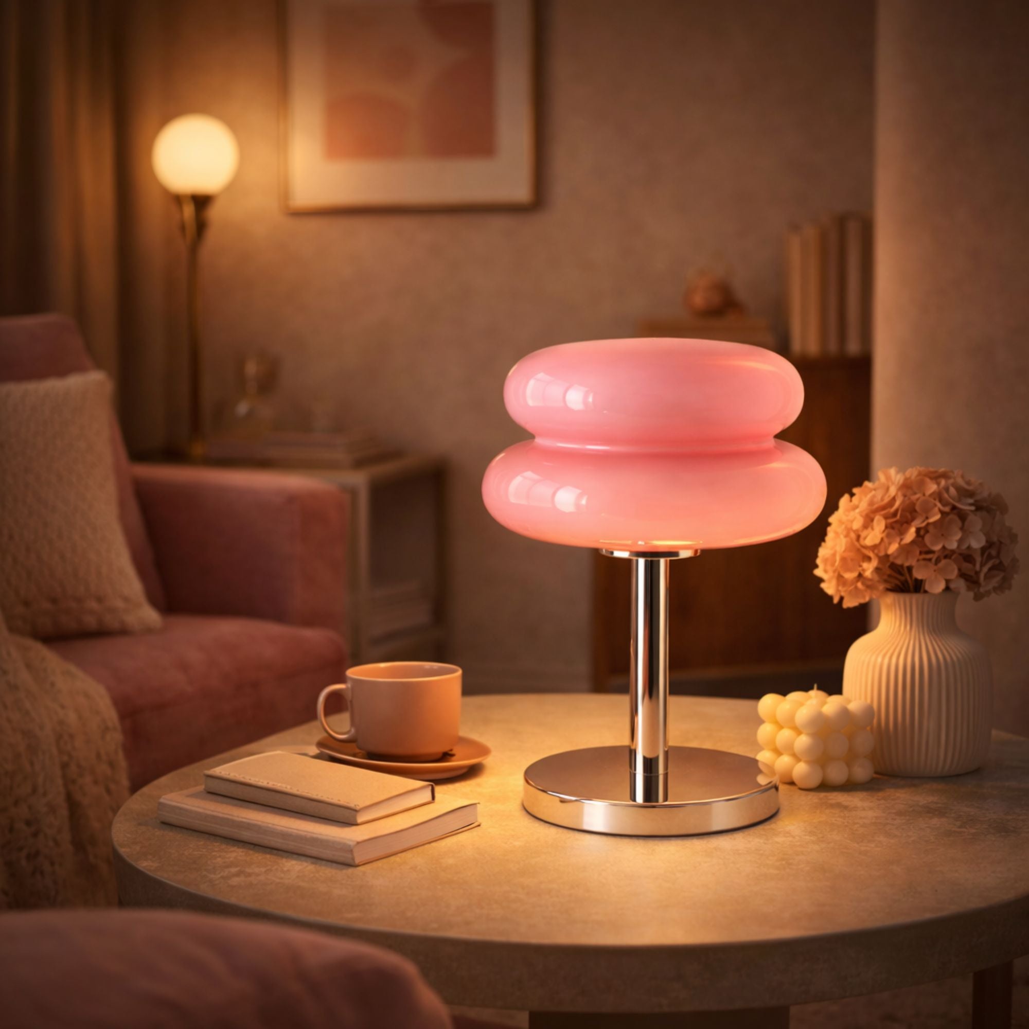 Rosa retro bordslampa i glas med kromfot som ger varm mysbelysning på sidobord i vardagsrum