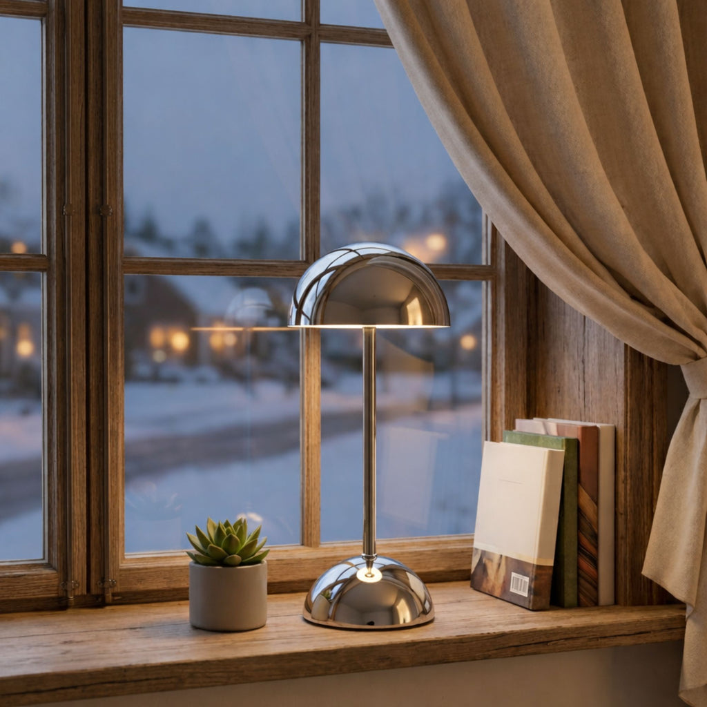 Modern silver bordslampa i svampdesign LED uppladdningsbar vid fönster med mysig kvällsbelysning