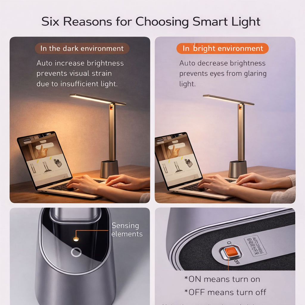 LED skrivbordslampa med automatisk dimning och sensor som anpassar ljuset efter omgivningen för bättre ögonkomfort