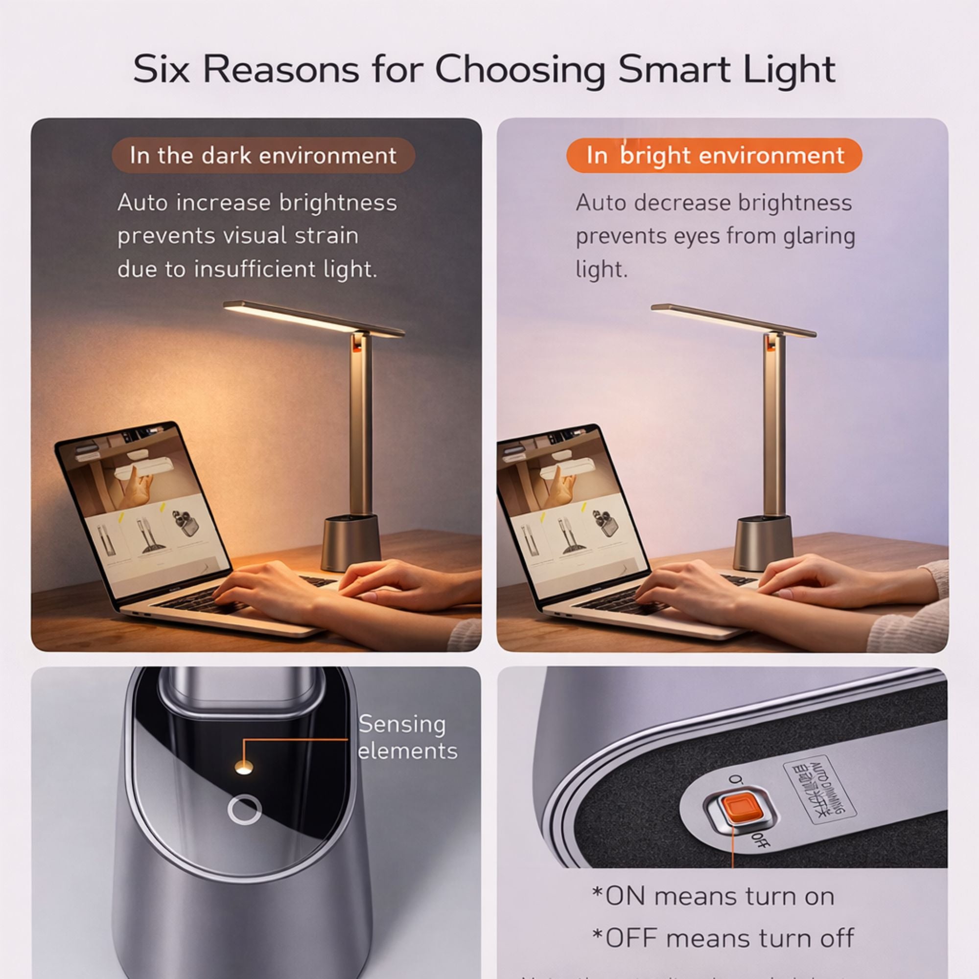 LED skrivbordslampa med automatisk dimning och sensor som anpassar ljuset efter omgivningen för bättre ögonkomfort