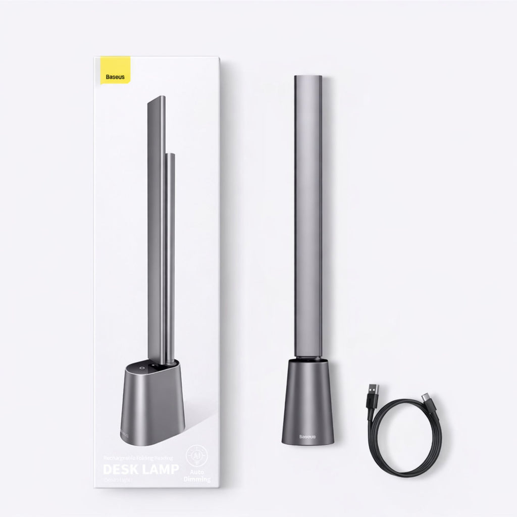 LED skrivbordslampa med förpackning och tillbehör inklusive USB-kabel i stilren och modern design