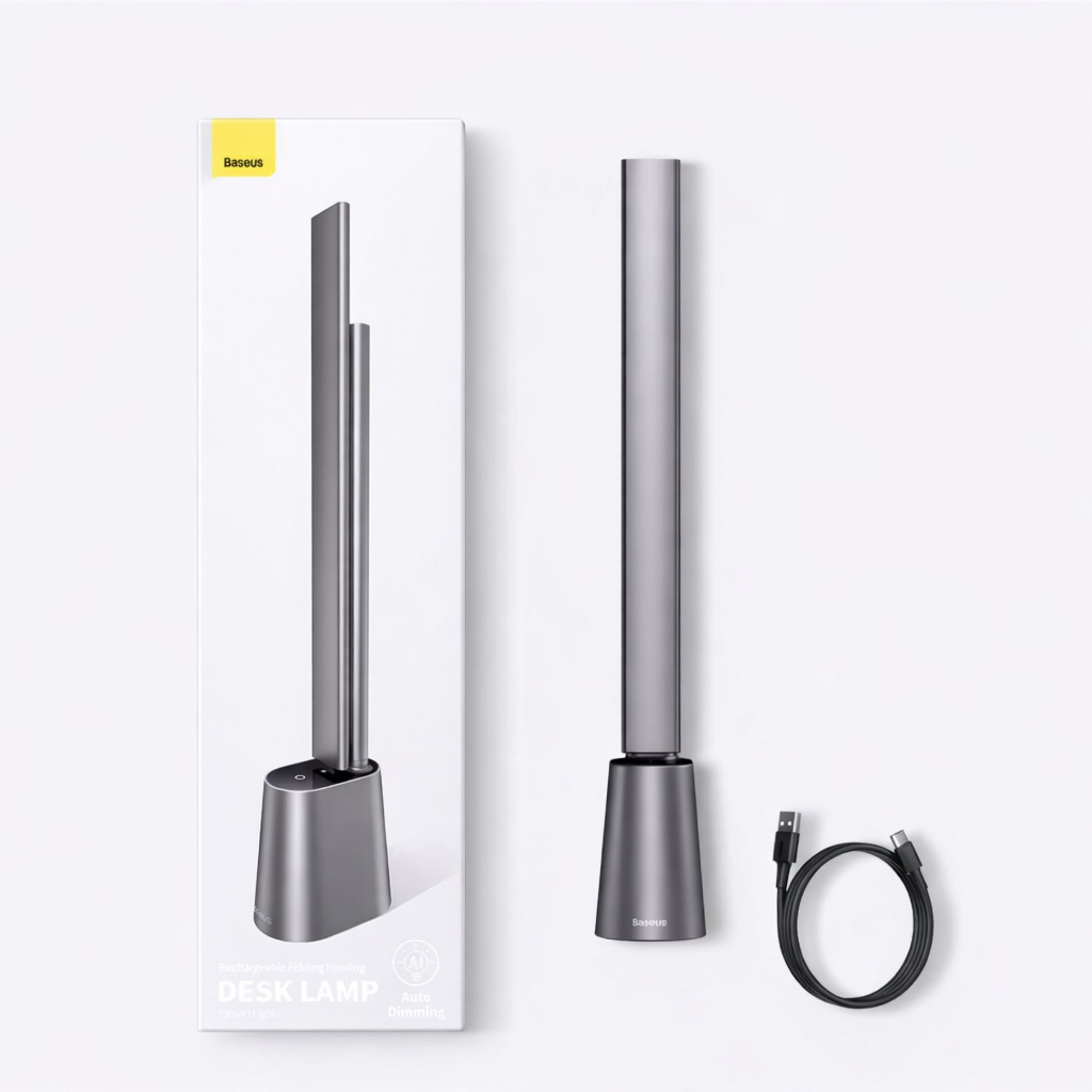 LED skrivbordslampa med förpackning och tillbehör inklusive USB-kabel i stilren och modern design