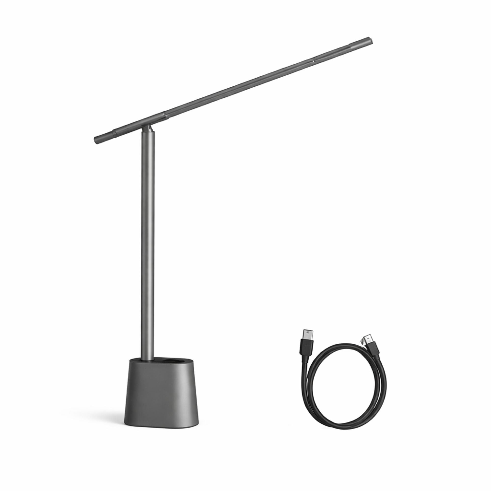 Grå LED skrivbordslampa med USB-laddning i minimalistisk design på vit bakgrund