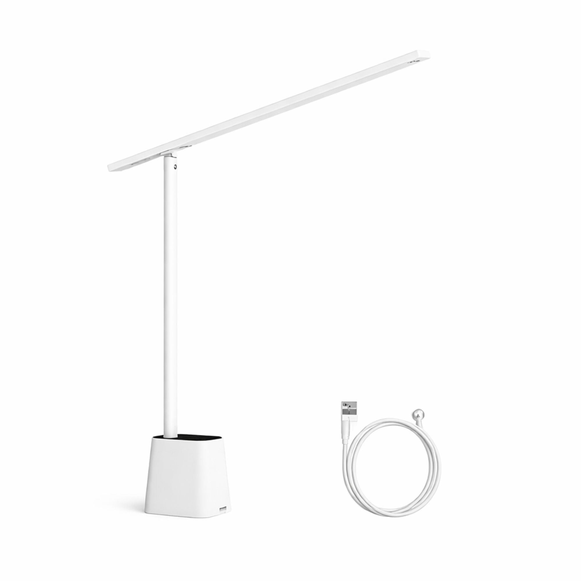 Vit LED skrivbordslampa med USB-laddning i minimalistisk design på vit bakgrund
