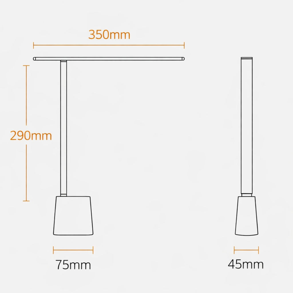 Teknisk ritning av LED skrivbordslampa med mått 350 mm bredd, 290 mm höjd samt bas 75 mm och 45 mm