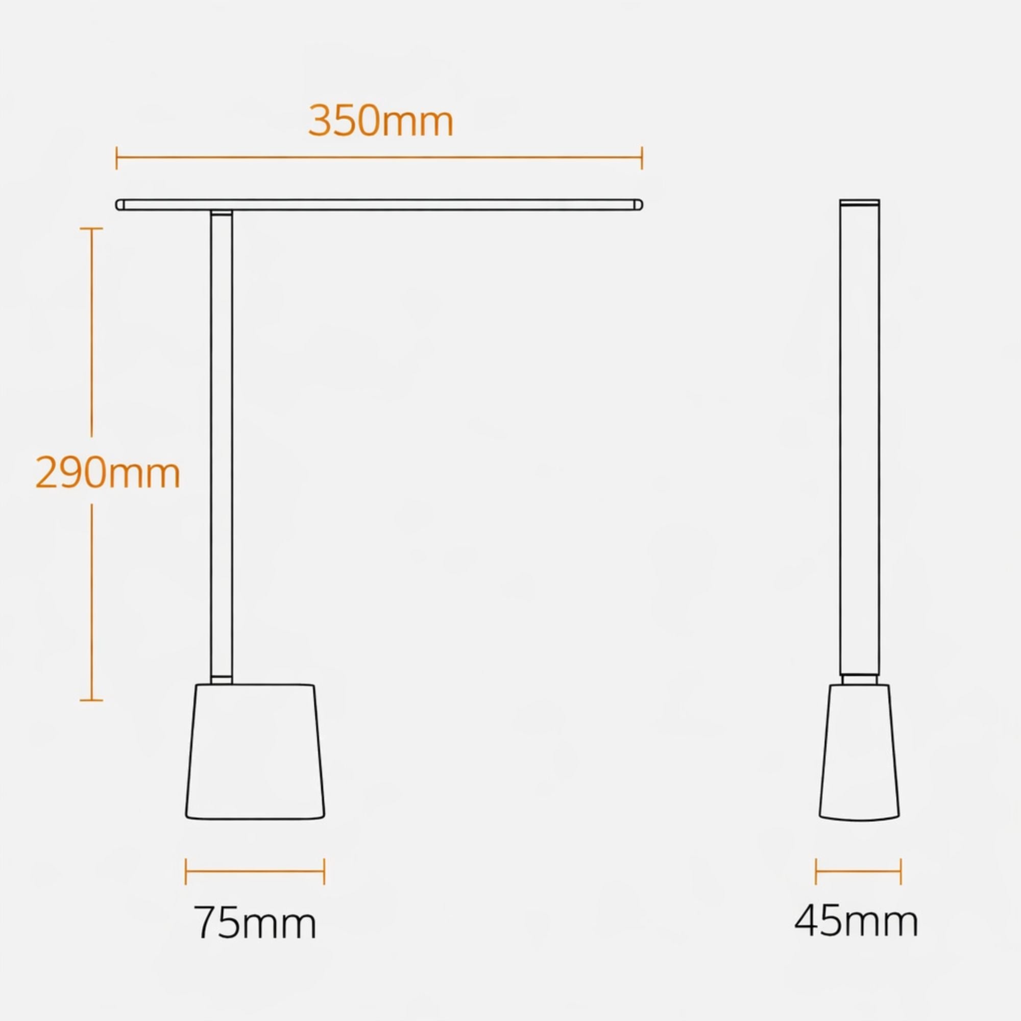 Teknisk ritning av LED skrivbordslampa med mått 350 mm bredd, 290 mm höjd samt bas 75 mm och 45 mm