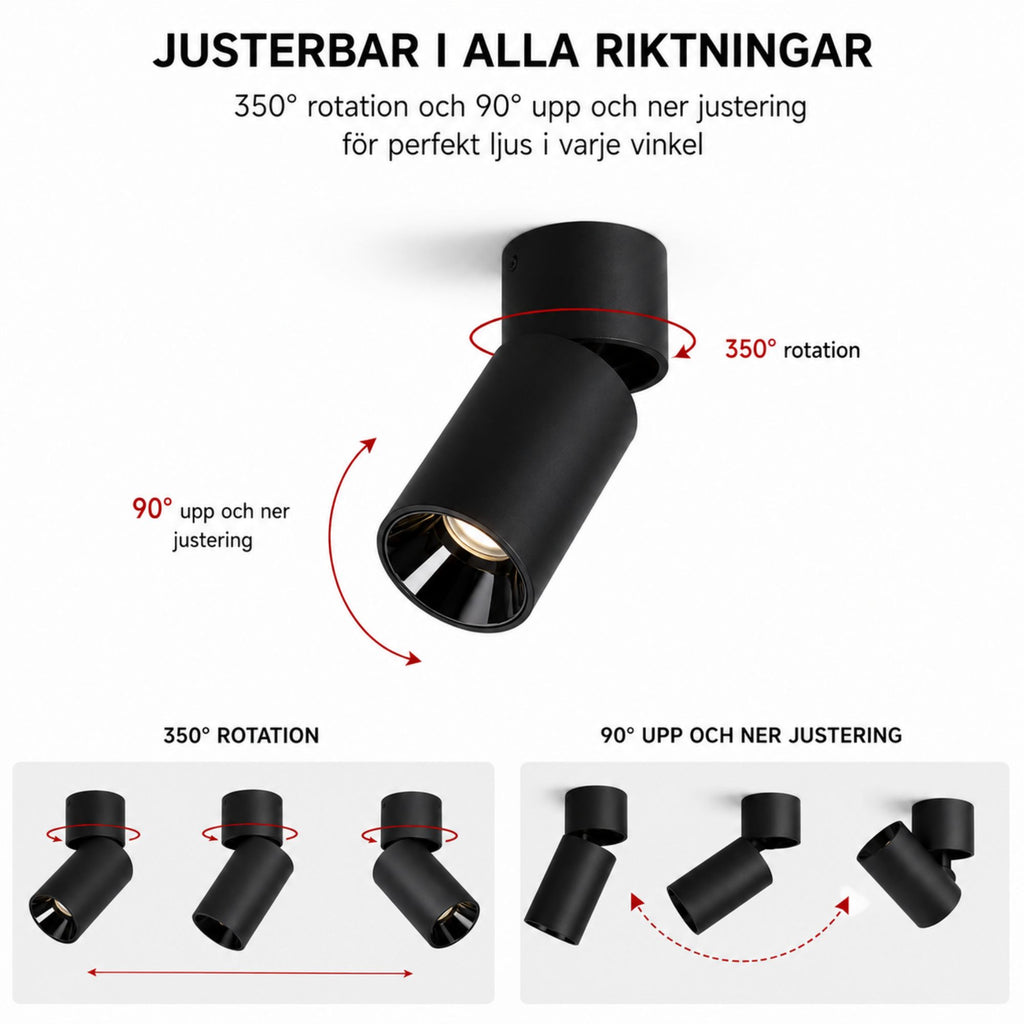 Svart LED-spotlight med 350° rotation och 90° vinkling för flexibel ljussättning.
