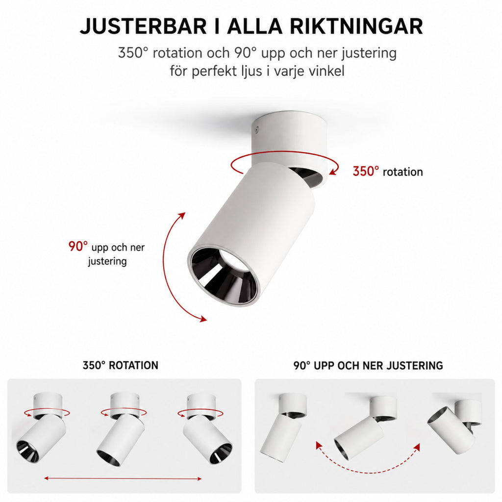 Vit LED-spotlight med 350° rotation och 90° vinkling för flexibel ljussättning.