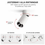 Vit LED-spotlight med 350° rotation och 90° vinkling för flexibel ljussättning.