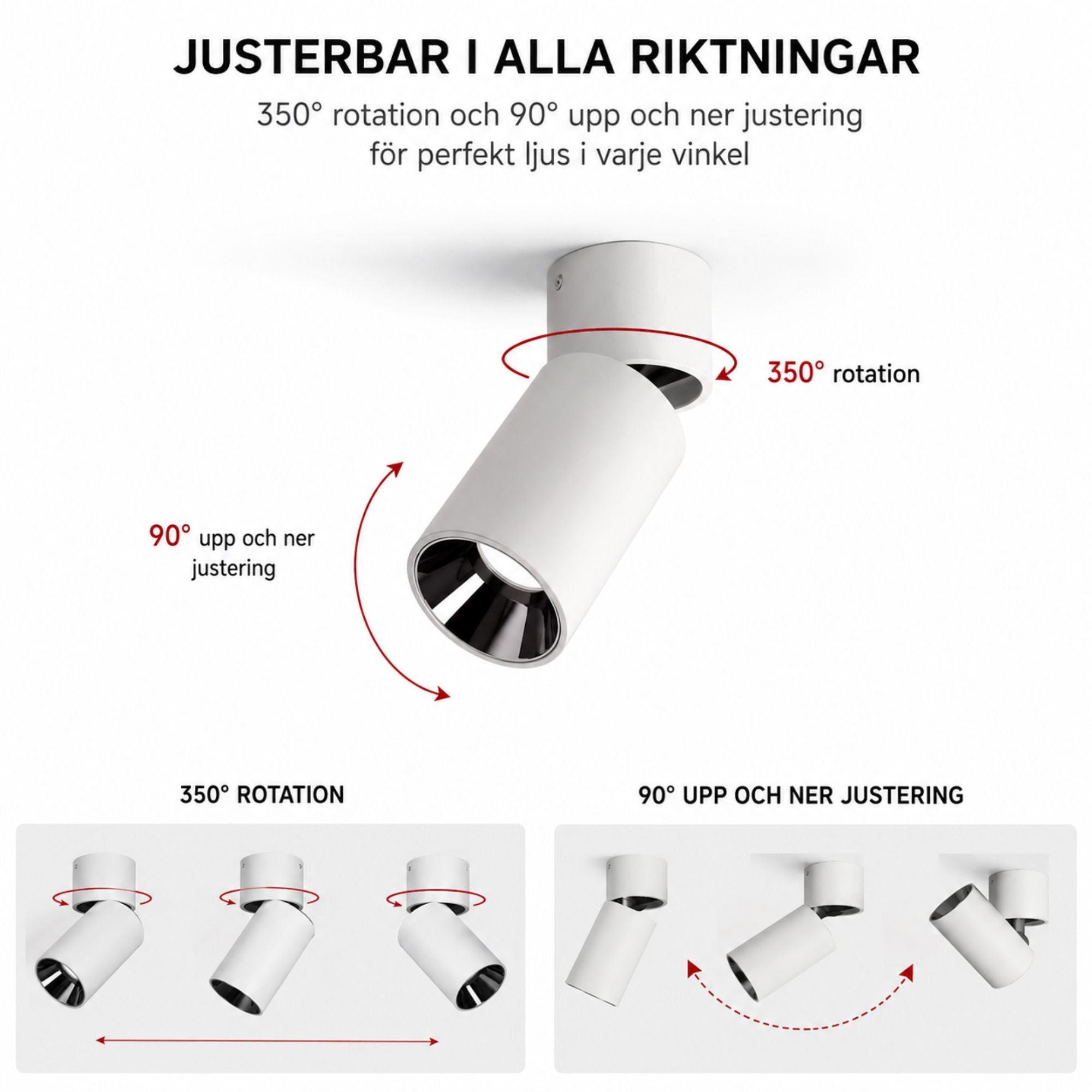 Vit LED-spotlight med 350° rotation och 90° vinkling för flexibel ljussättning.