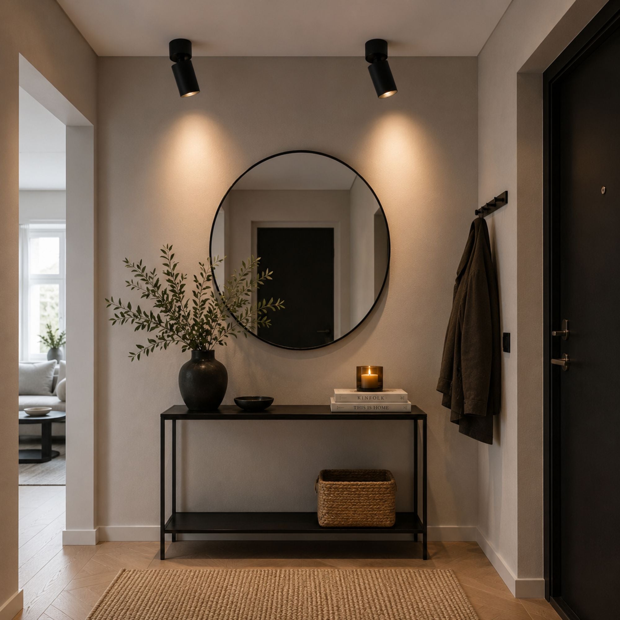 Svarta LED-spotlights i modern hall med rund spegel och stilren inredning.