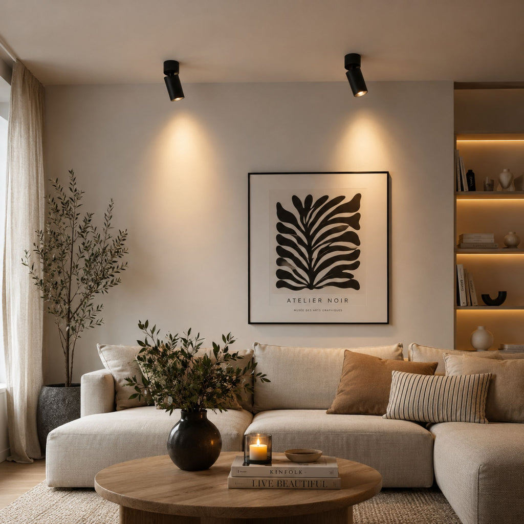Svarta riktbara LED-spotlights i modernt vardagsrum med varm belysning.