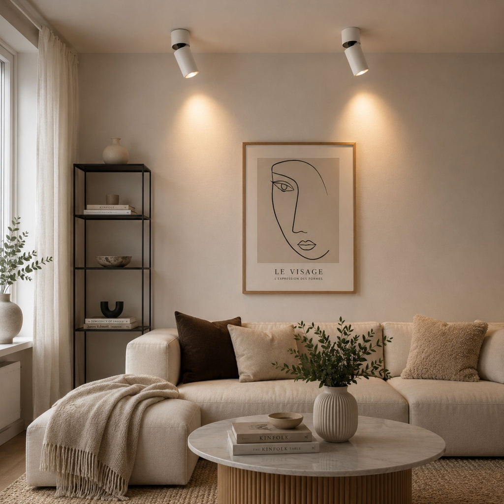 Vita LED-spotlights som belyser tavlor i ett modernt skandinaviskt vardagsrum.