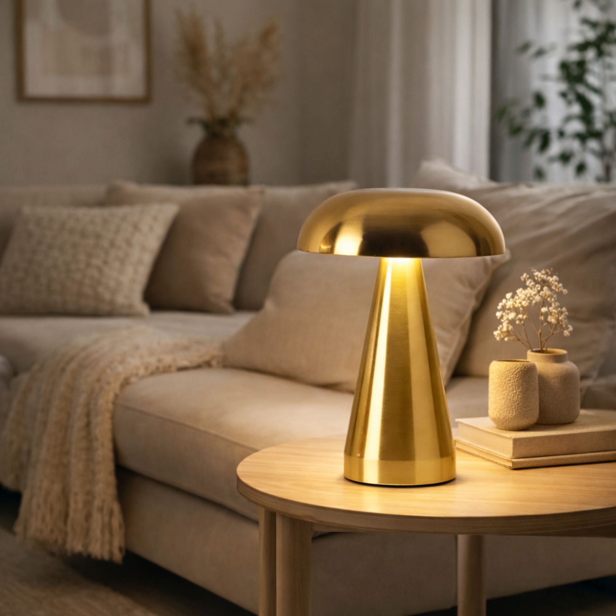 Bordslampa portabel svamplampa i guld på soffbord i vardagsrum med varm belysning