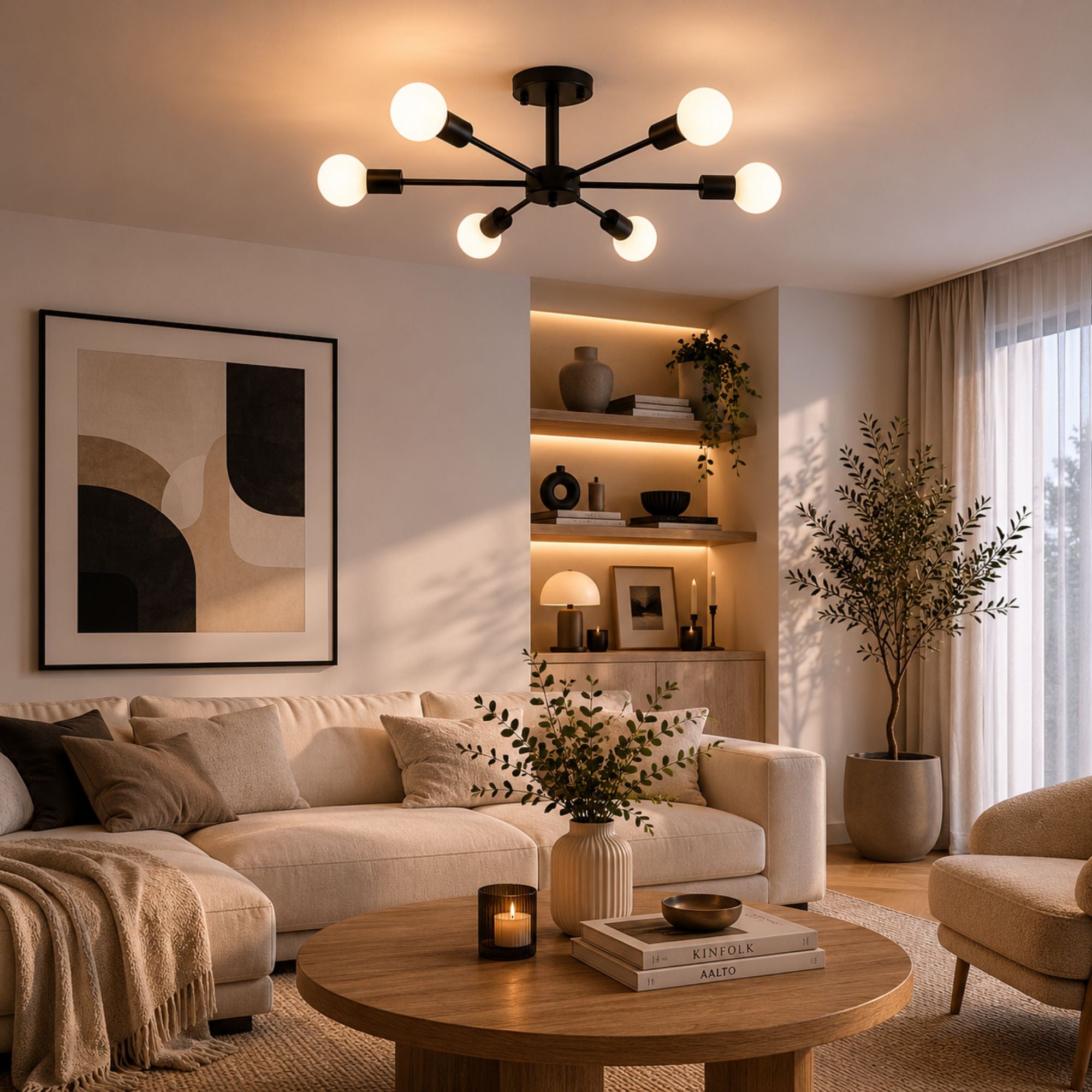 Taklampa i mässing med 6 armar och glaskulor i modern design över matbord i ljust matrum.