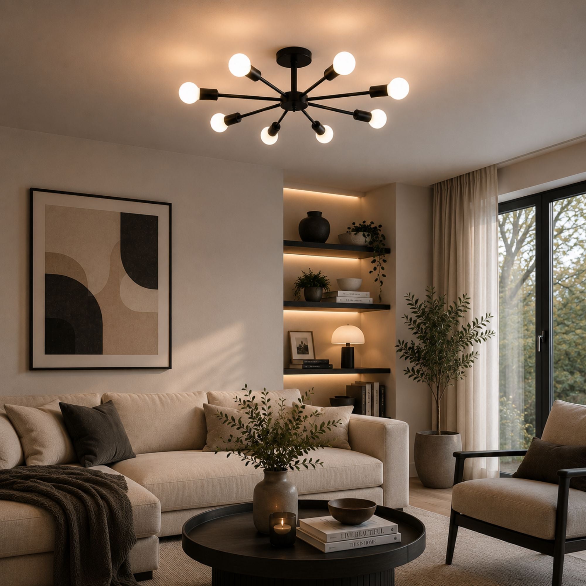 Taklampa i mässing med 8 armar och glaskulor i modern design över matbord i ljust matrum.