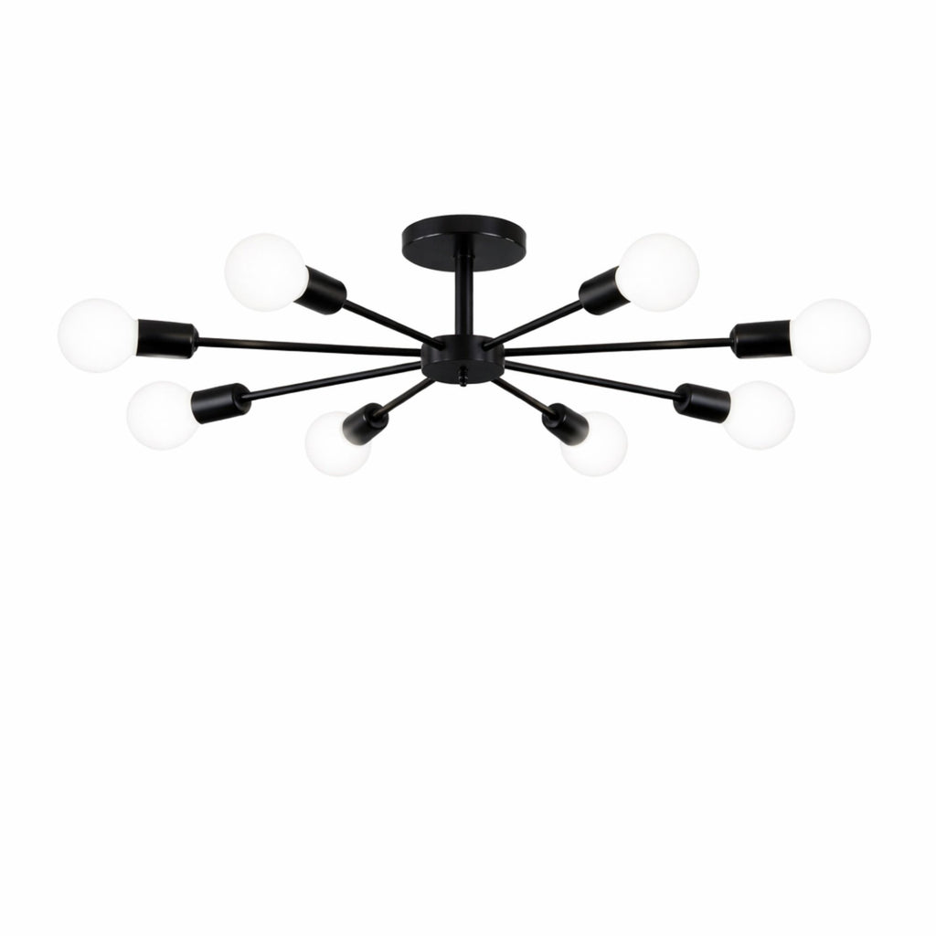 Modern svart taklampa i metall med åtta armar och E27-sockel på vit bakgrund