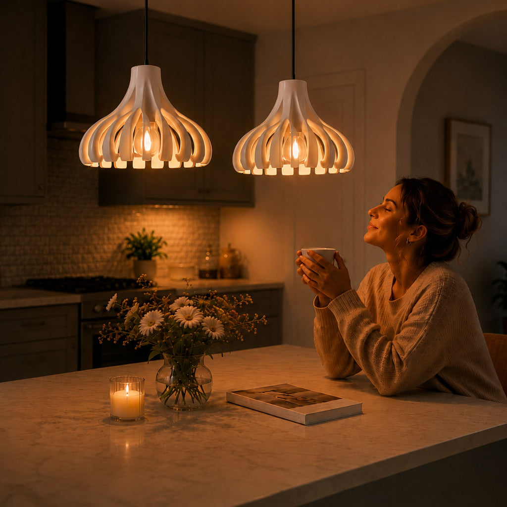 Modern pendellampa i skandinavisk design med varm stämningsfull belysning ovanför köksö där en kvinna njuter av en lugn kväll i ett mysigt och stilrent hem.