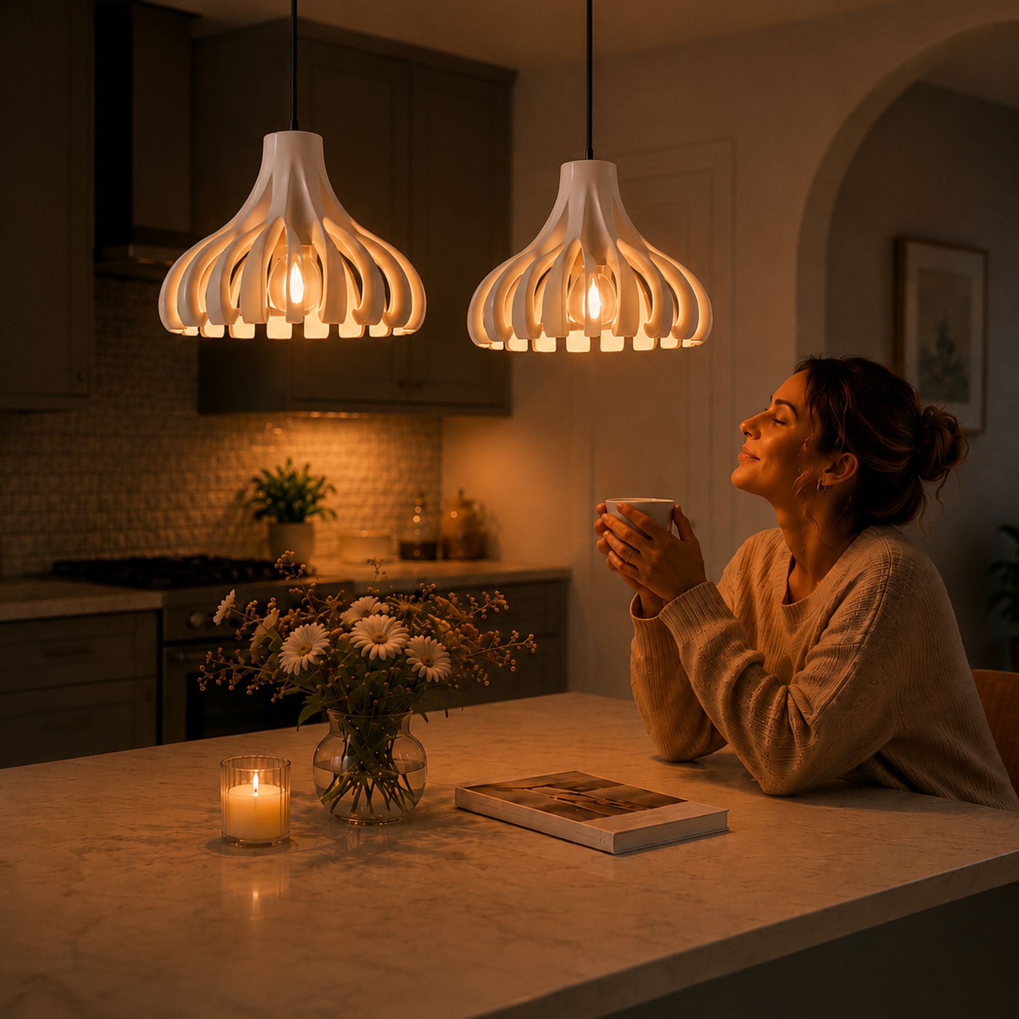 Modern pendellampa i skandinavisk design med varm stämningsfull belysning ovanför köksö där en kvinna njuter av en lugn kväll i ett mysigt och stilrent hem.