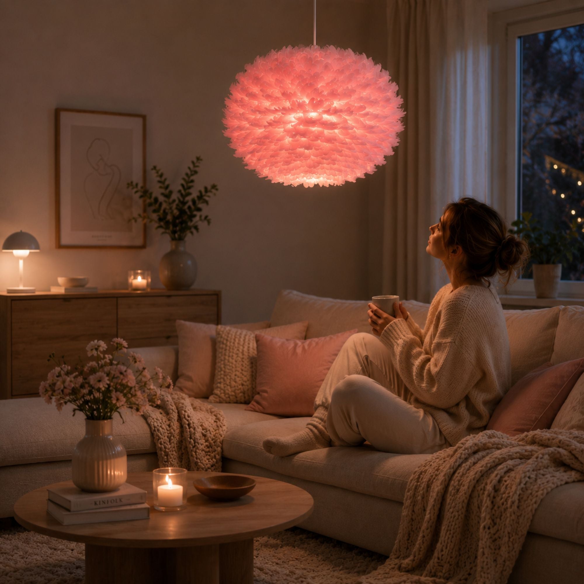 Rosa fjäderlampa med varm mjuk belysning i ett drömmigt Pinterest-inspirerat vardagsrum där en kvinna kopplar av i en mysig och harmonisk kvällsmiljö med skandinavisk inredning.