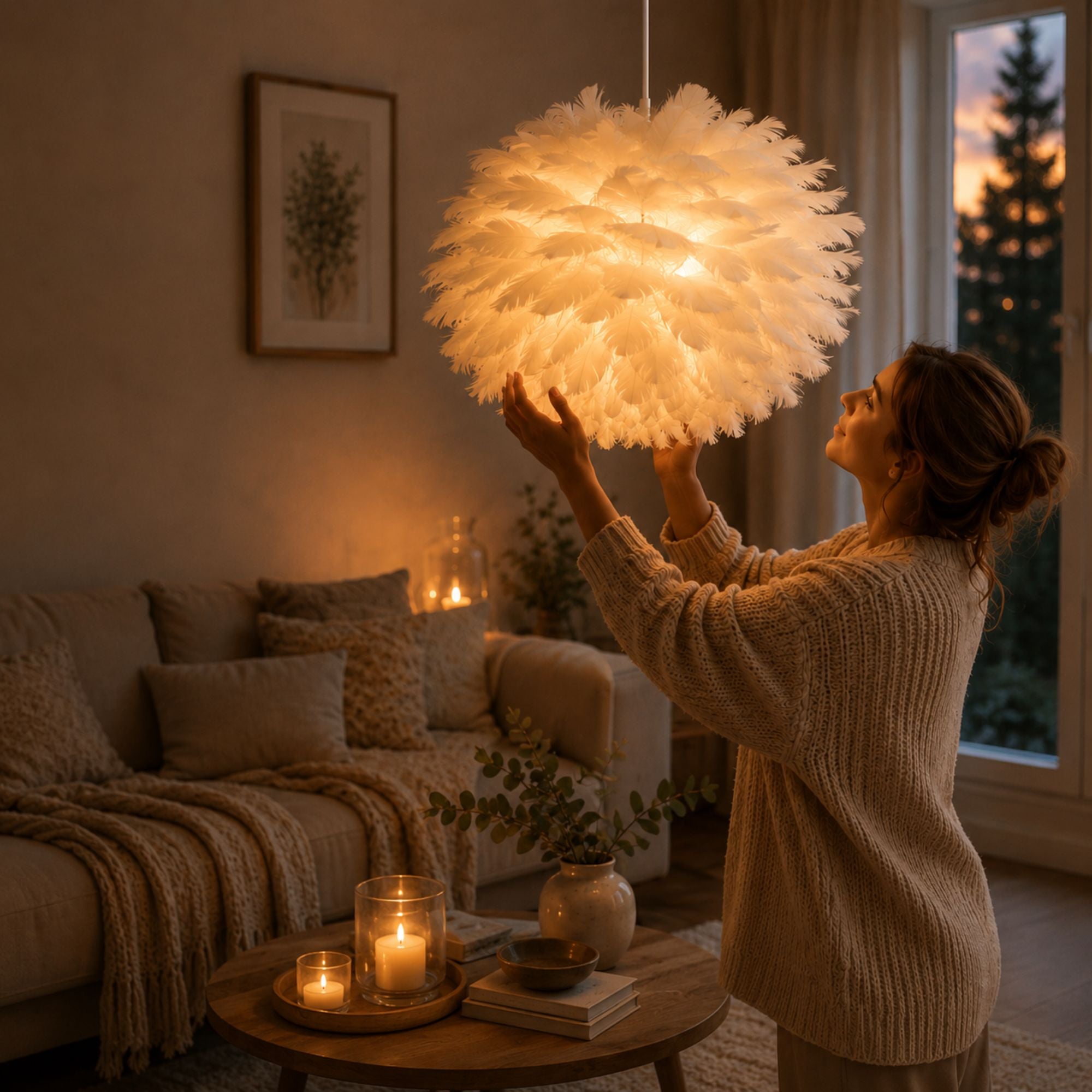 Vit fjäderlampa med varm mjuk belysning i ett mysigt vardagsrum där en kvinna beundrar lampan i en lugn och harmonisk kvällsmiljö med skandinavisk heminredning.