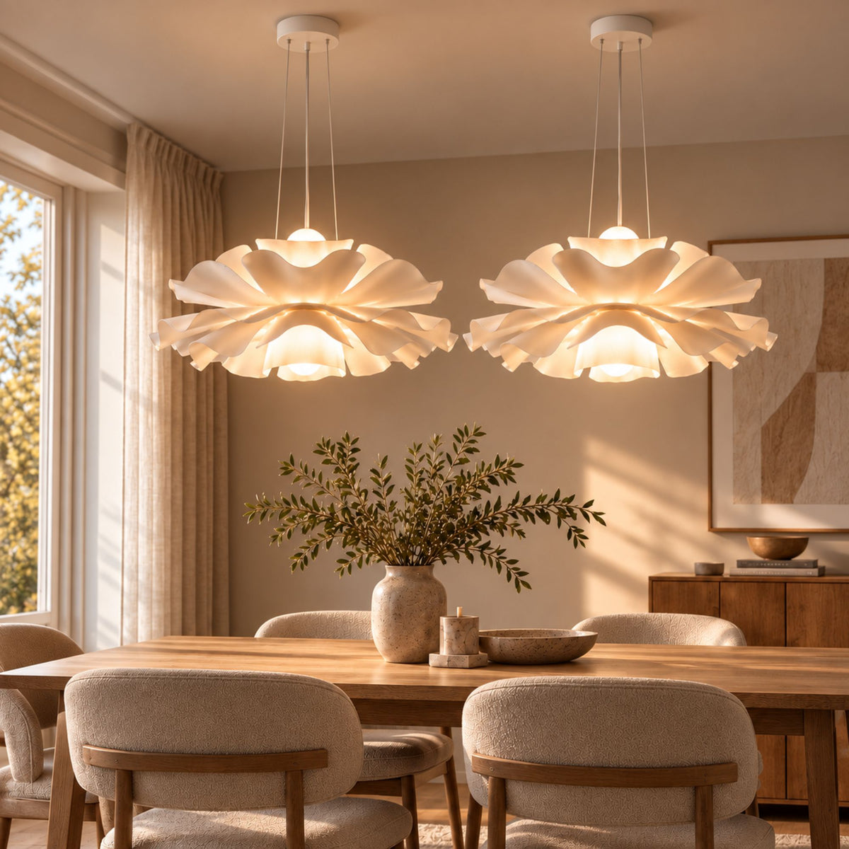 Taklampa Fleur med elegant blomformad design, fotograferad över ett matbord i en varm och stilren skandinavisk miljö.