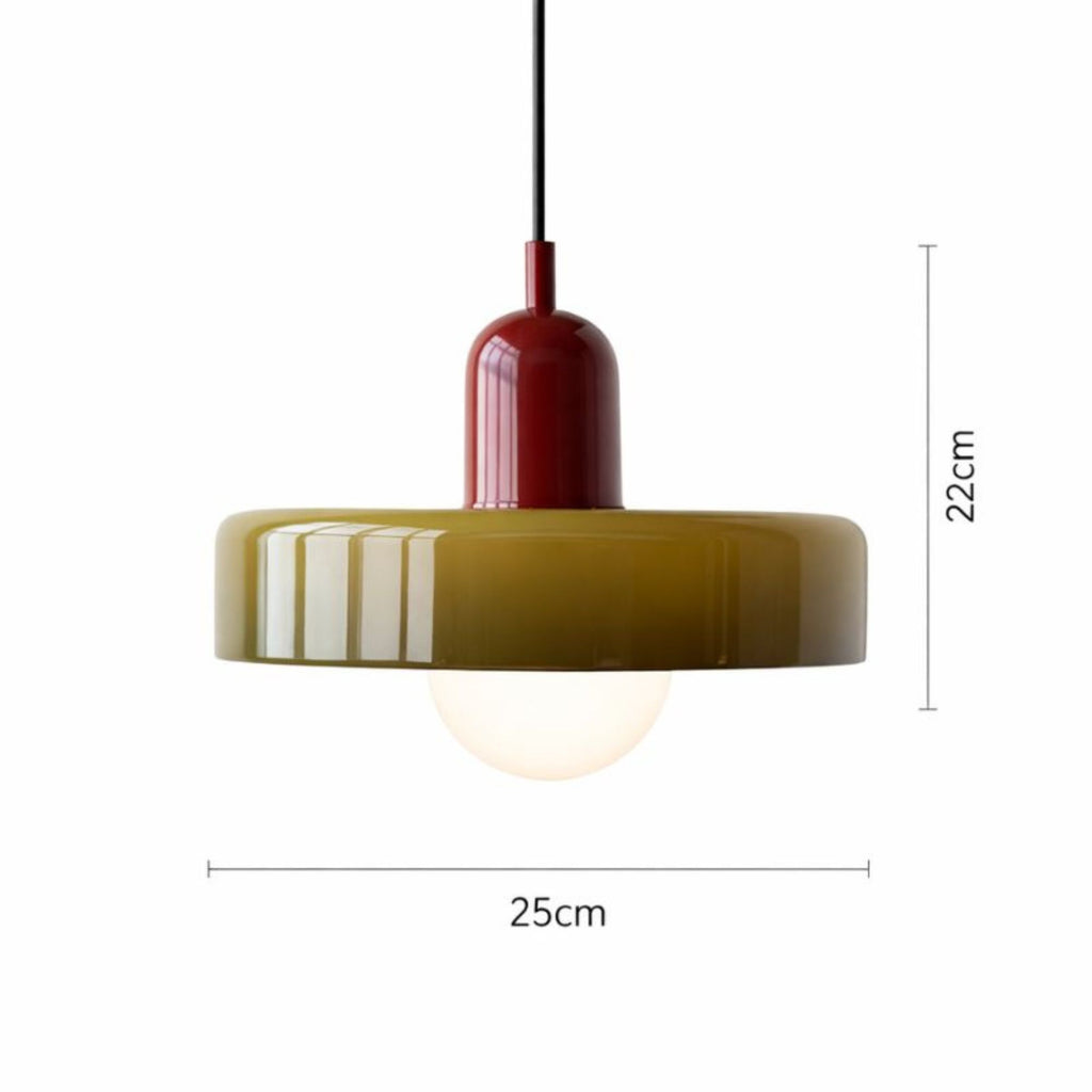 Färgglad retro taklampa i metall med rund form och mått 25 cm i diameter och 22 cm höjd