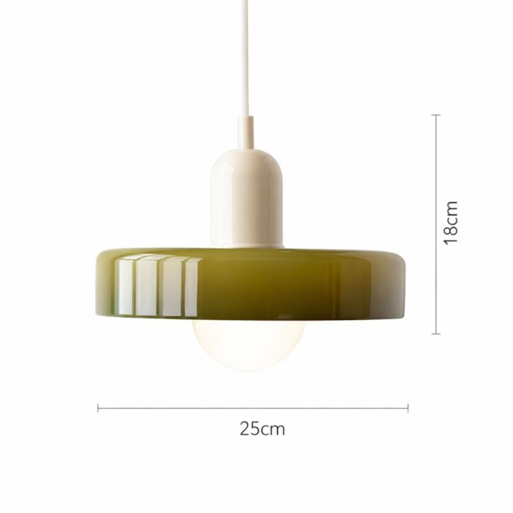 Färgglad retro taklampa i metall med rund form och mått 25 cm i diameter och 18 cm höjd
