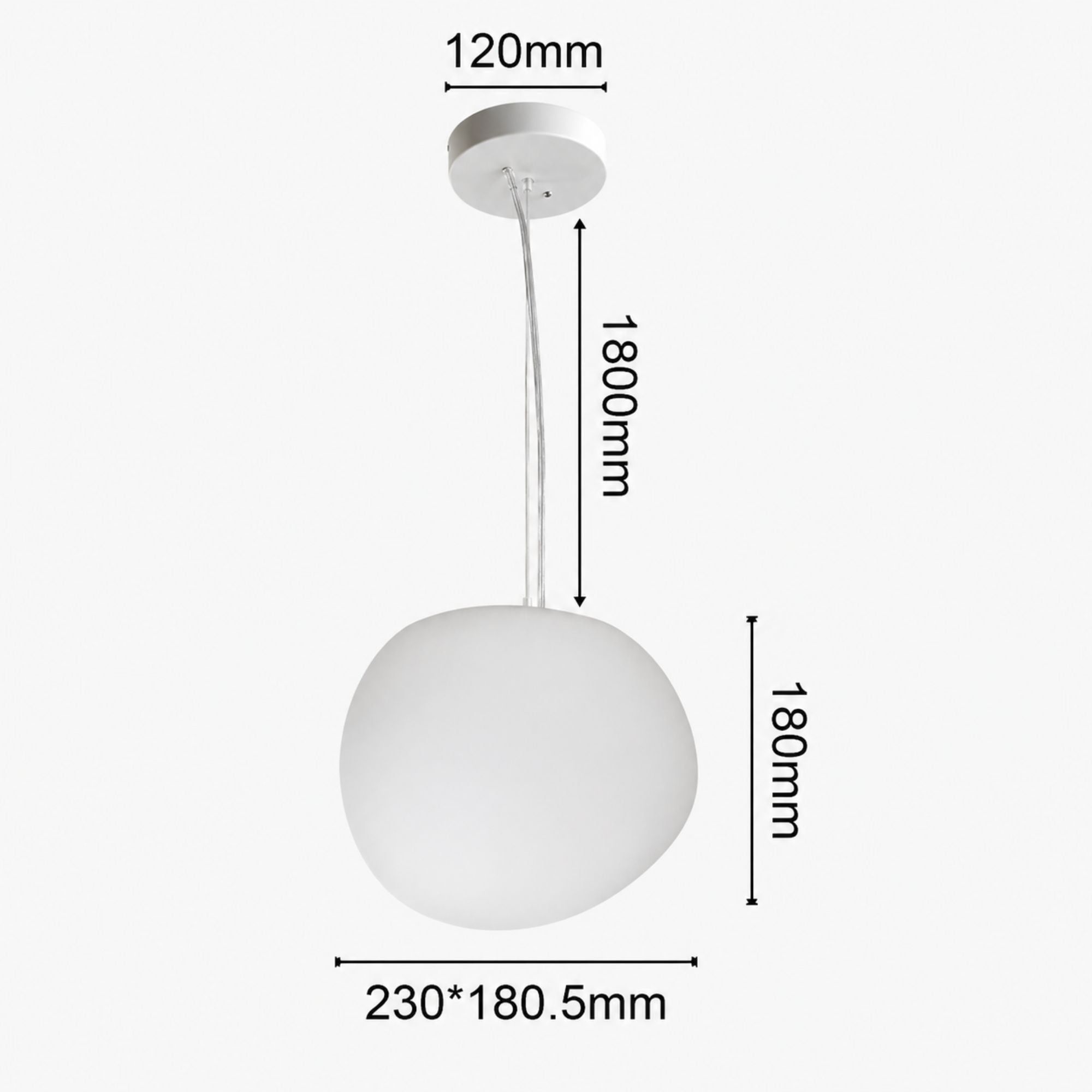 Taklampa Greg Media Pendel i opalglas 18 cm med måttangivelser och justerbar upphängning på 180 cm.