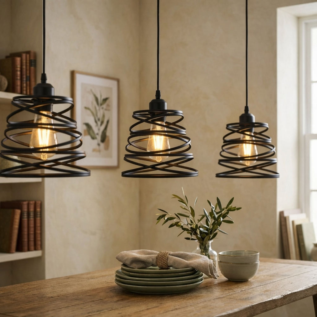 Taklampa svart industriell pendellampa i metall över köksbord och matbord med tre ljuskällor.