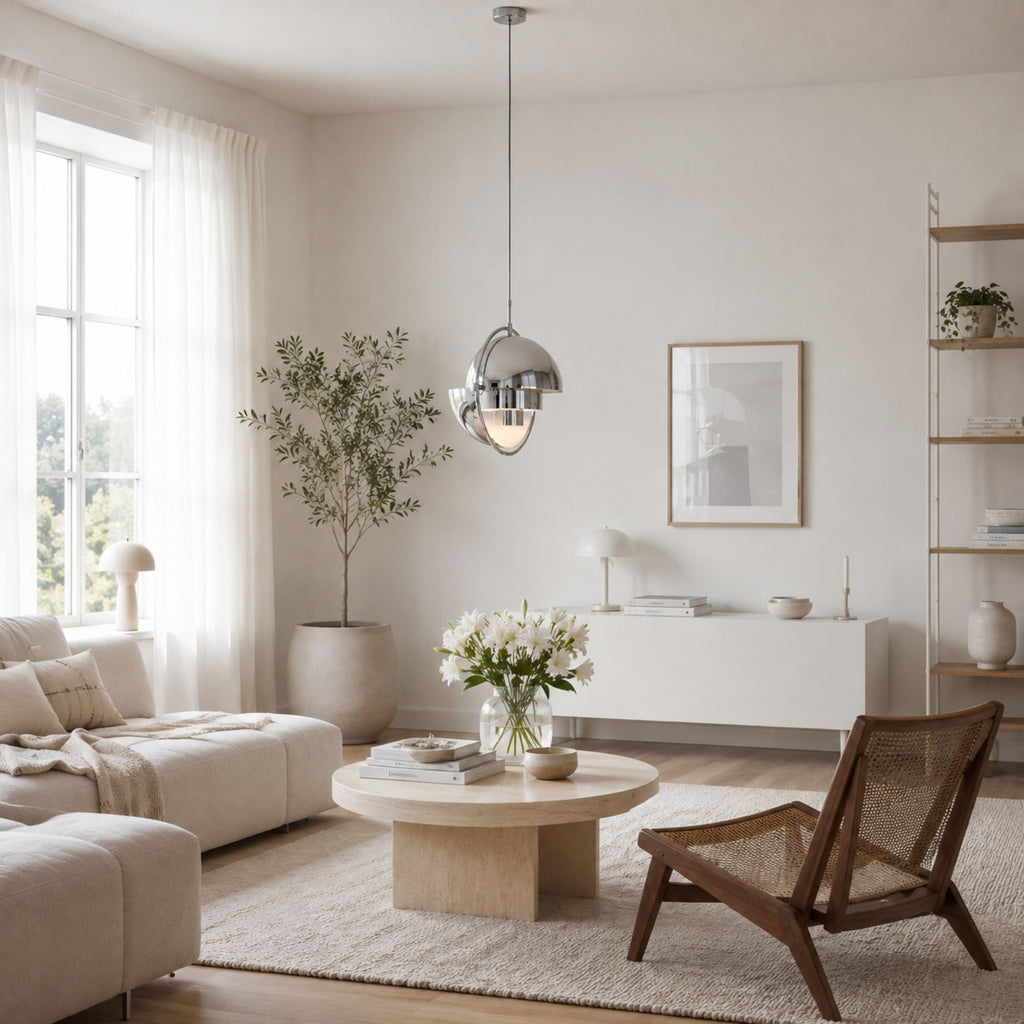 Modern kromfärgad taklampa i ljust skandinaviskt vardagsrum med stilren inredning.
