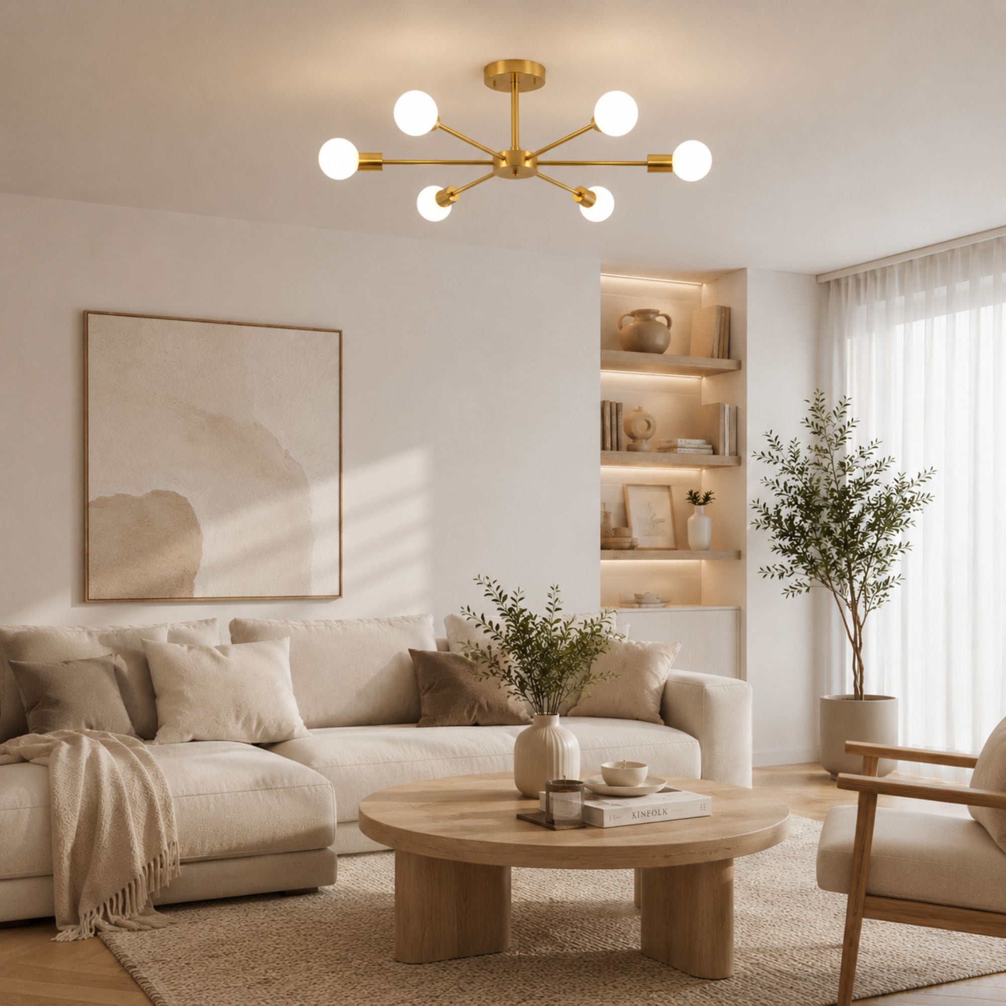 Taklampa i mässing med 6 armar och glaskulor i modern design över matbord i ljust matrum.