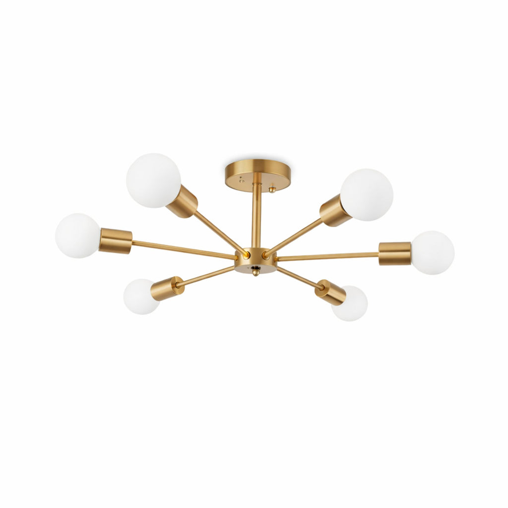 Modern taklampa i mässing med 6 armar och runda glaskupor i nordisk design.