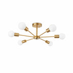 Modern taklampa i mässing med 6 armar och runda glaskupor i nordisk design.