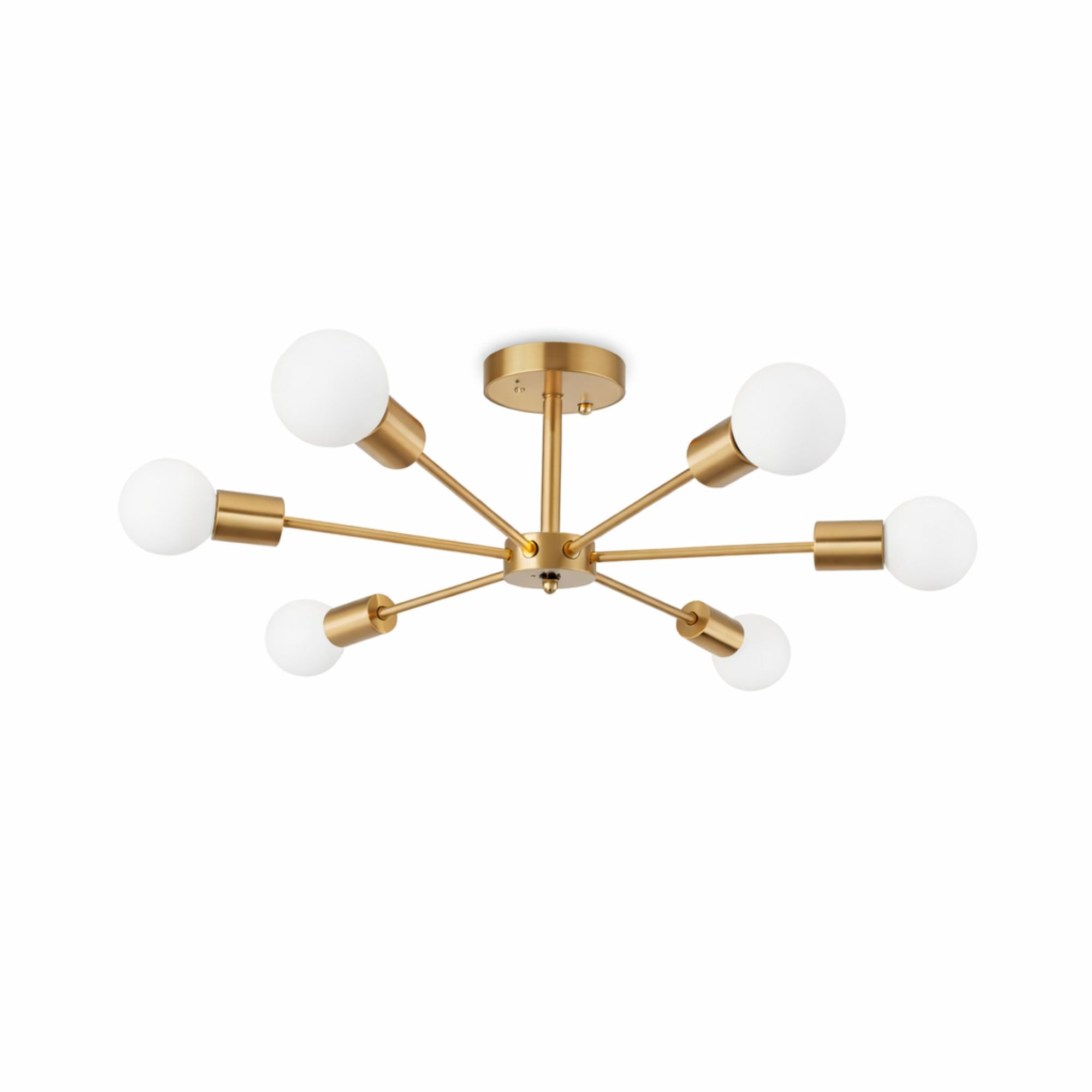 Modern taklampa i mässing med 6 armar och runda glaskupor i nordisk design.