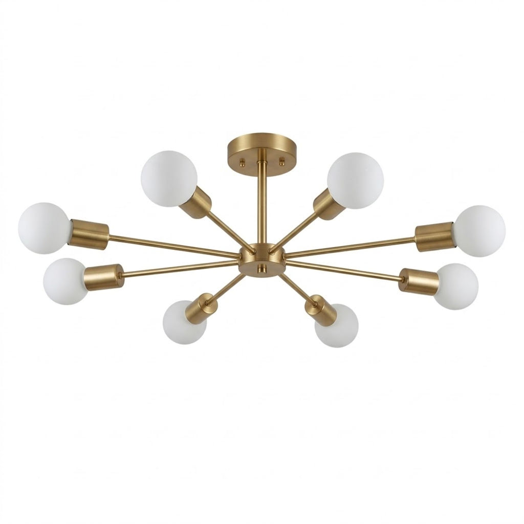 Modern taklampa i mässing med 8 armar och runda glaskupor i nordisk design.