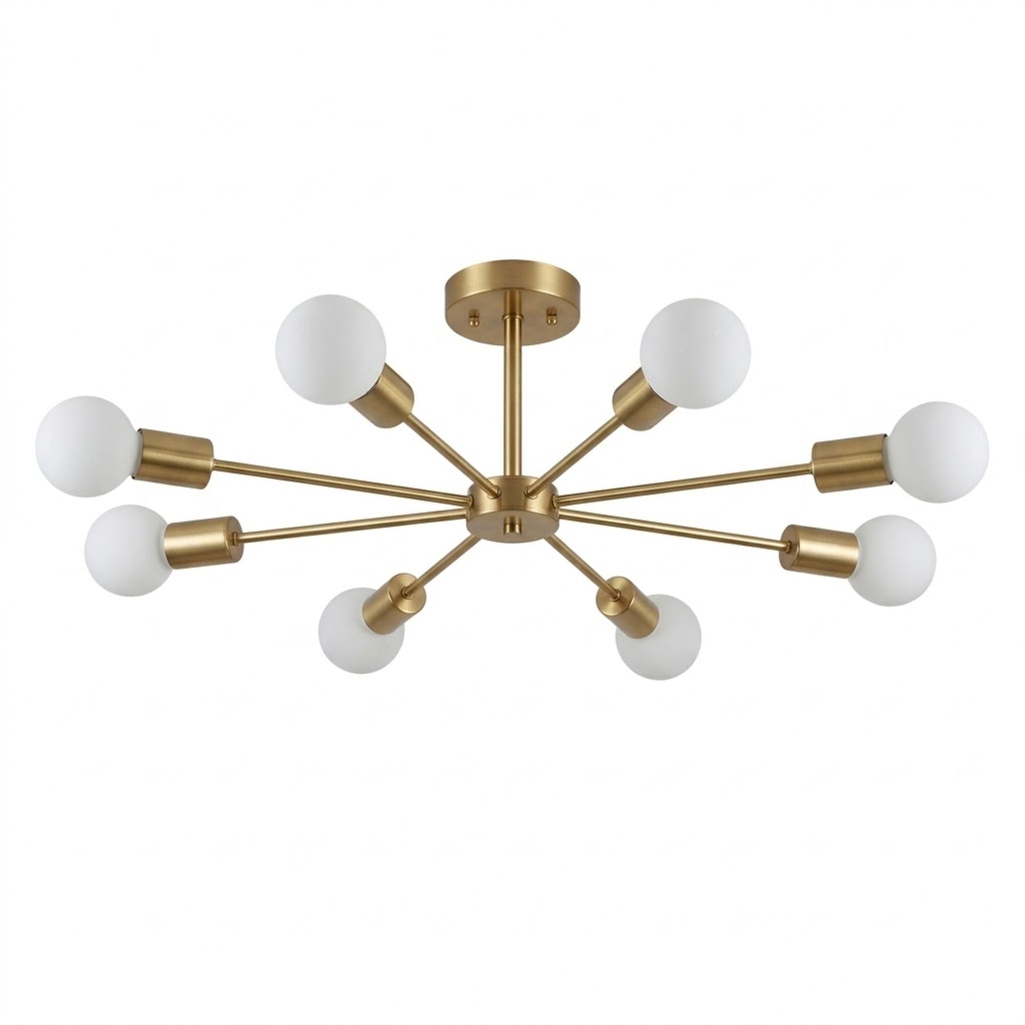 Modern taklampa i mässing med 8 armar och runda glaskupor i nordisk design.