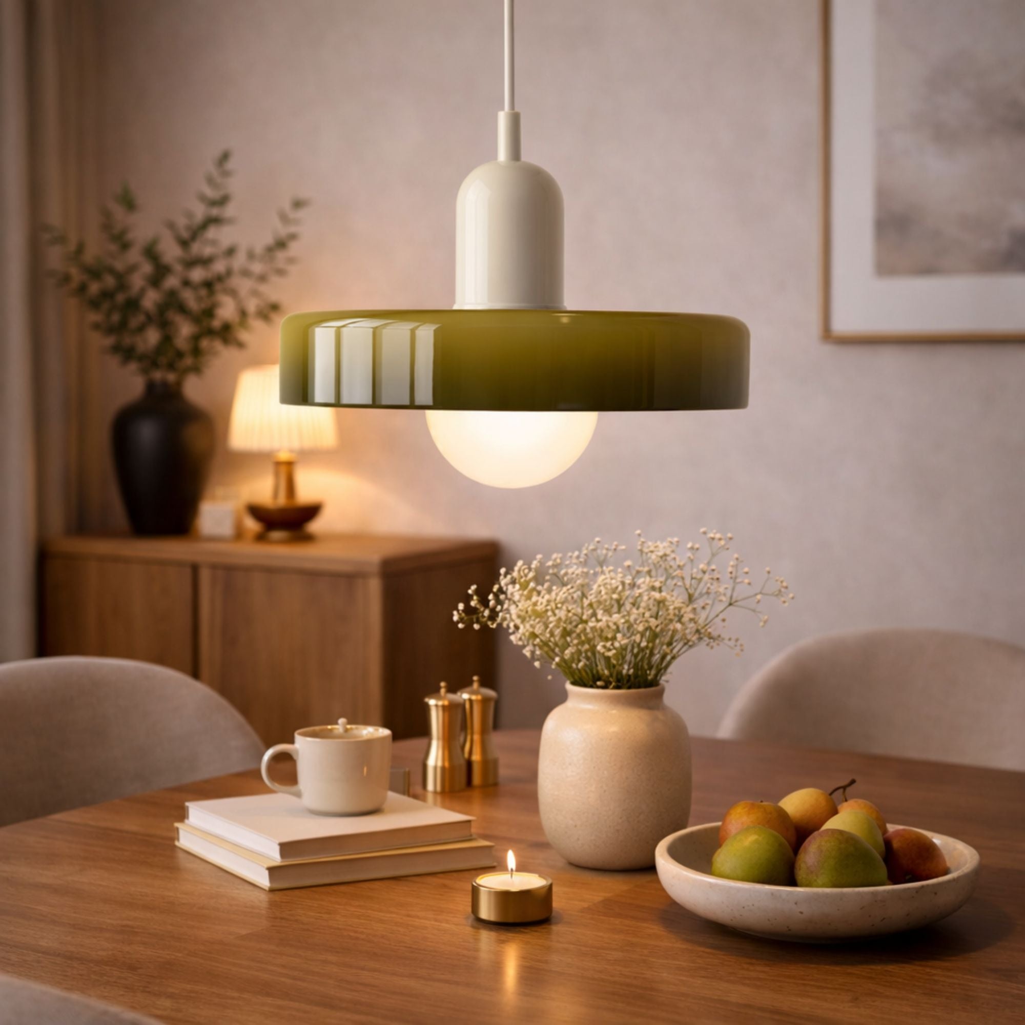 taklampa i grön och vit design hängande över matbord i stilrent skandinaviskt hem med varm och harmonisk belysning