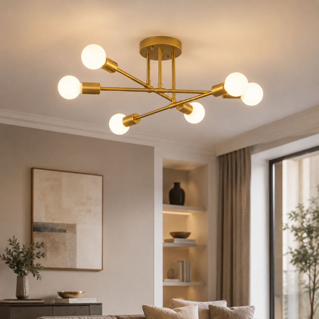 Taklampa i modern guldfärgad plafonddesign med 6 vita globlampor som skapar varm och exklusiv belysning i ett stilrent vardagsrum med elegant heminredning.