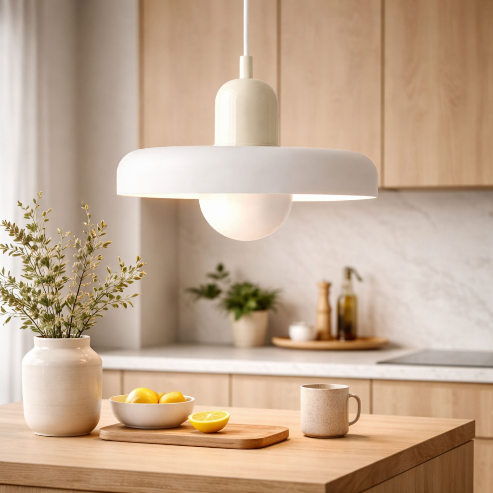 taklampa i modern vit design placerad i skandinaviskt kök som ger ett mjukt och stilrent ljus över köksbänk