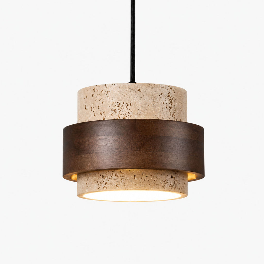 Taklampa Traverto i natursten och valnöt, 17 cm pendellampa med modern skandinavisk design.