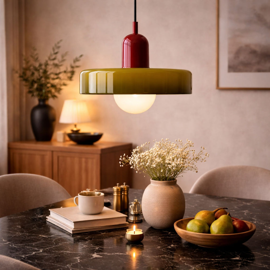 taklampa i röd och grön modern design hängande över svart marmorbord i stilrent matrum med varm belysning