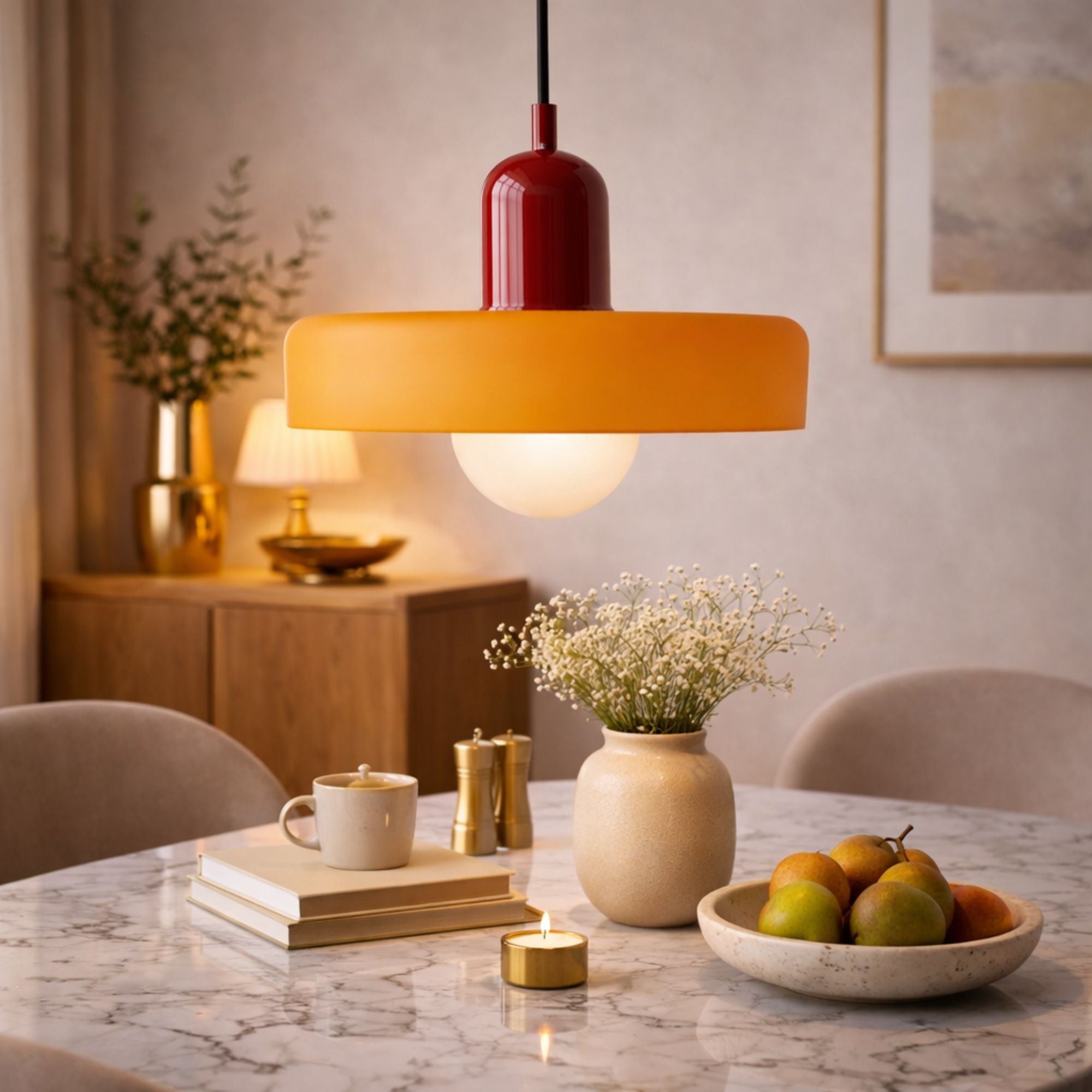 taklampa i modern design med röd topp och orange skärm på vit bakgrund